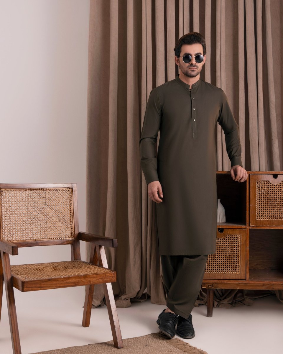 Designer Olive Green Kameez Shalwar - Cotidieready to wear