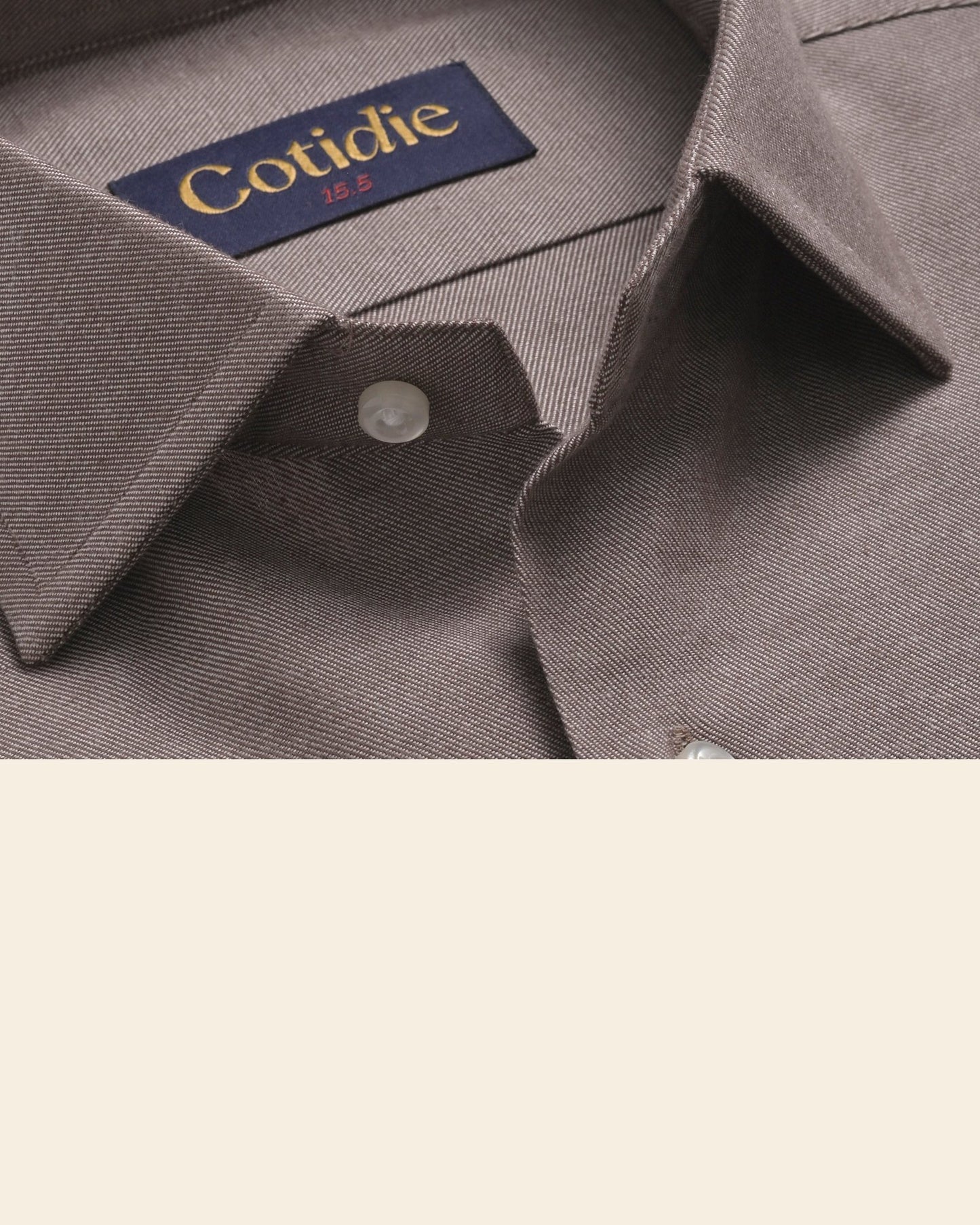 Cotidie formal shirt, charcoal brown, collar and label detail