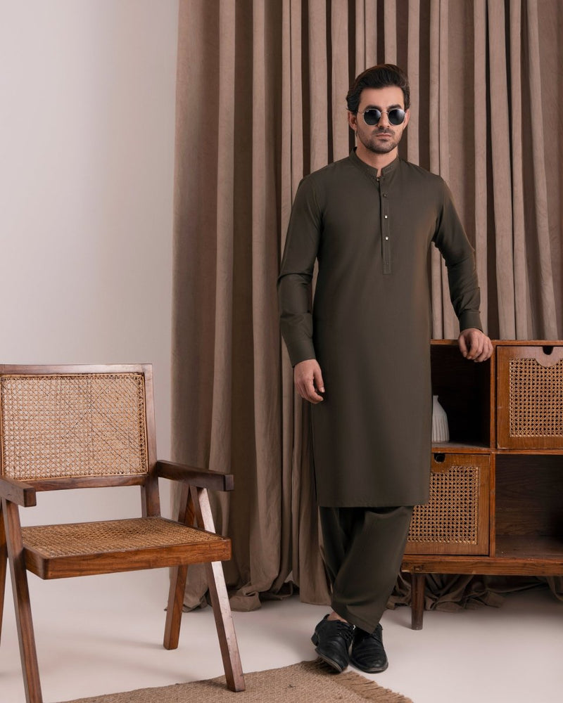 
                  
                    Designer Olive Green Kameez Shalwar - Cotidieready to wear
                  
                