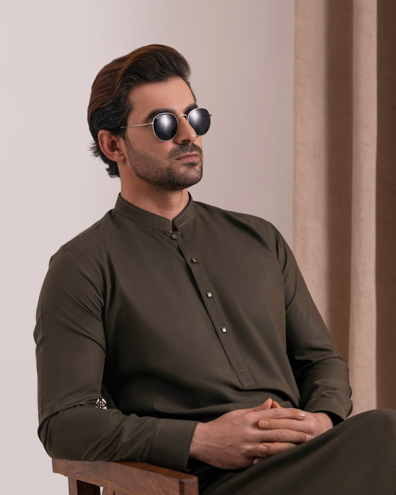 
                  
                    Designer Olive Green Kameez Shalwar - Cotidieready to wear
                  
                