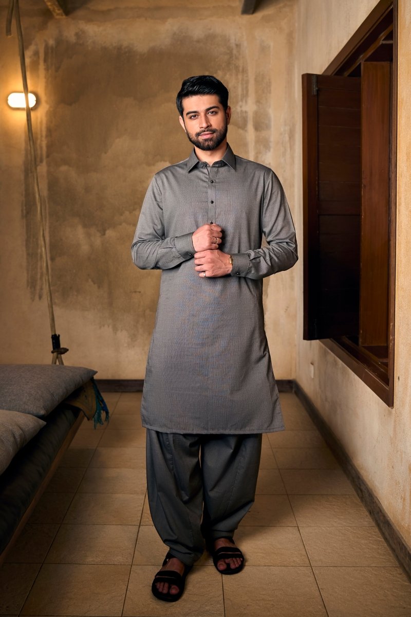 Grey Chambray Cotton Kameez Shalwaar - Cotidieready to wear