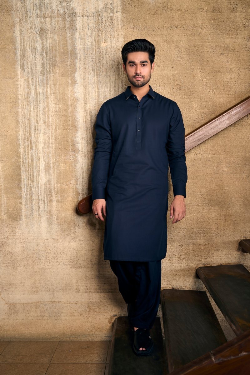 Navy Blue Cotton Kameez Shalwaar - Cotidieready to wear