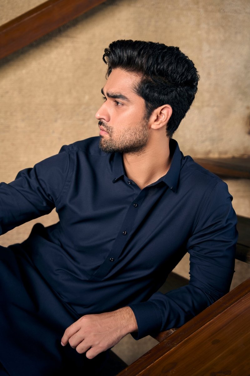 Navy Blue Cotton Kameez Shalwaar - Cotidieready to wear