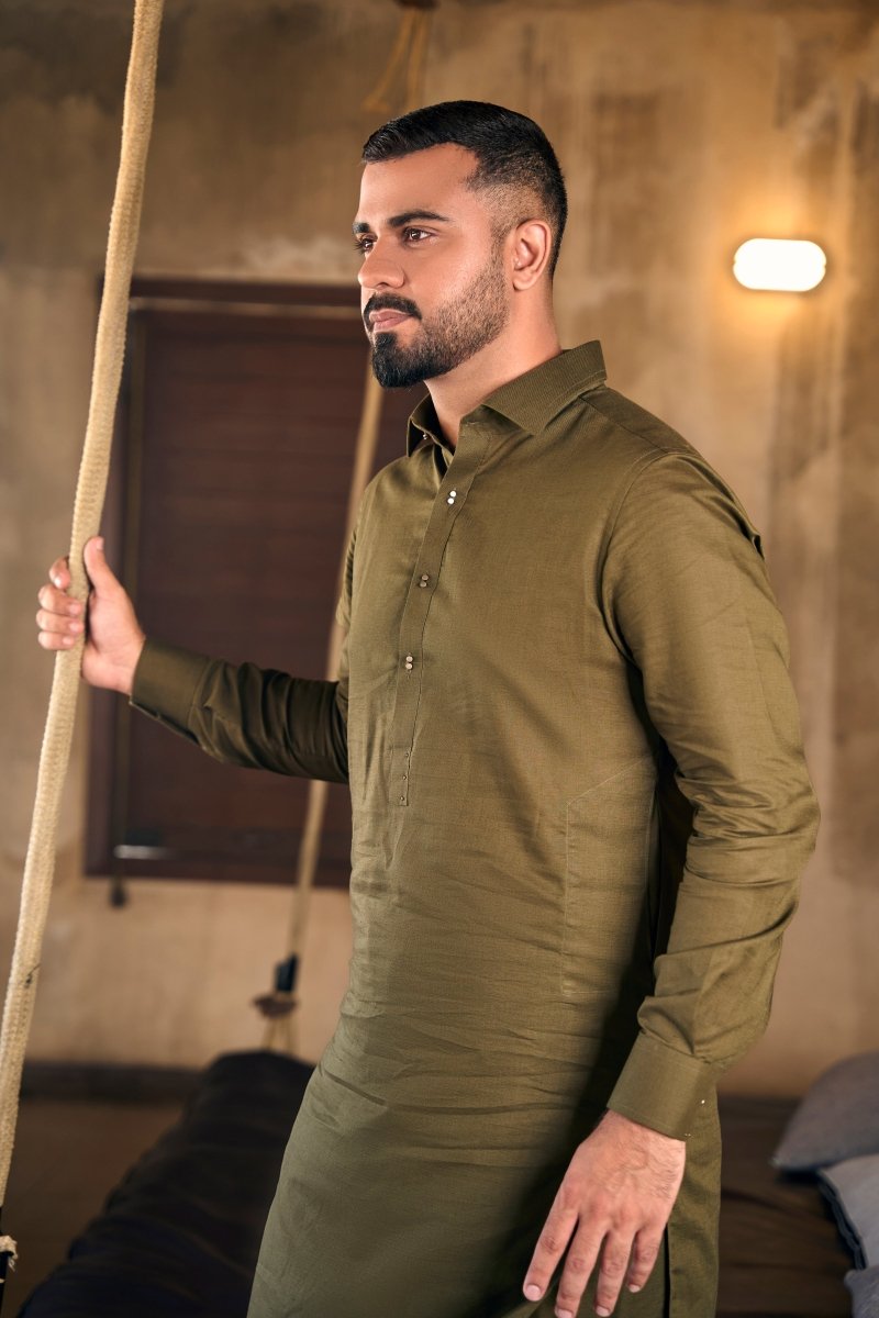 Olive Green Linen Cotton Kameez Shalwaar - Cotidieready to wear