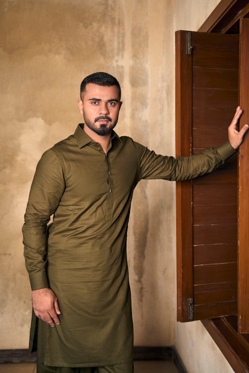 Olive Green Linen Cotton Kameez Shalwaar - Cotidieready to wear