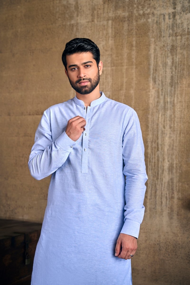 Sky Blue Linen Cotton Kameez Shalwaar - Cotidieready to wear