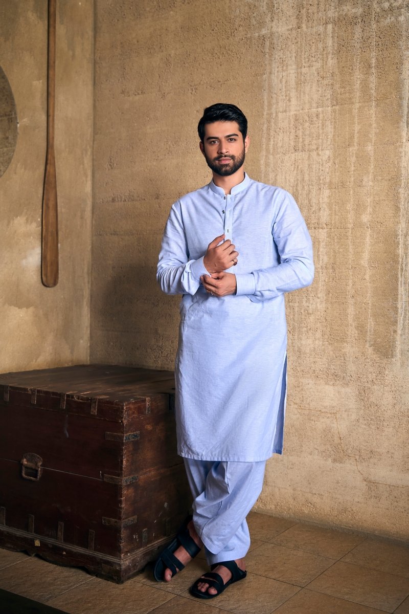 Sky Blue Linen Cotton Kameez Shalwaar - Cotidieready to wear