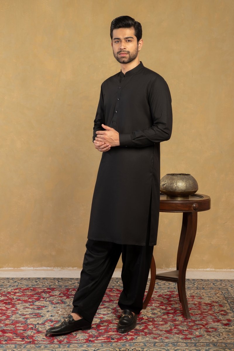 Black Sherwani Collar Classic Kameez Shalwaar - Cotidie