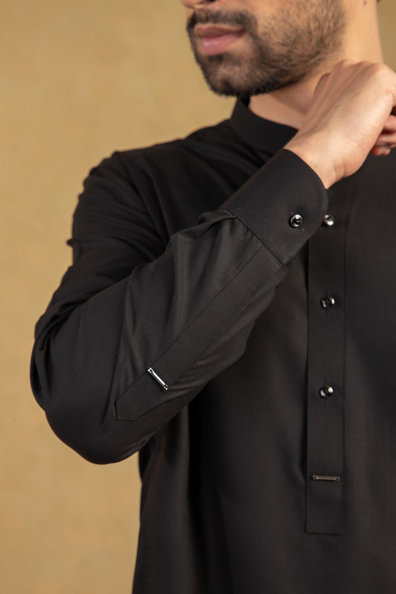 Black Sherwani Collar Classic Kameez Shalwaar - Cotidie