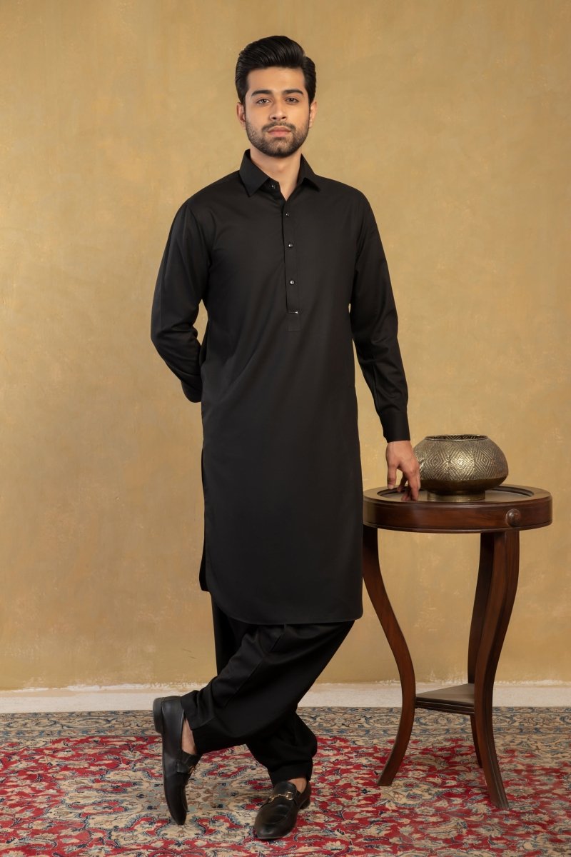 Black Shirt Collar Classic Kameez Shalwaar - Cotidie