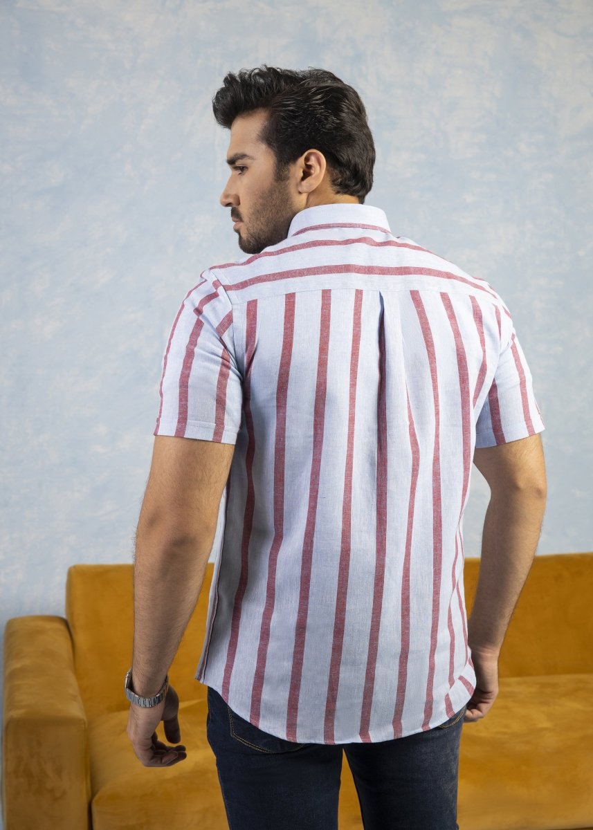 Crimson Linen Stripe Summer Shirt - Cotidie