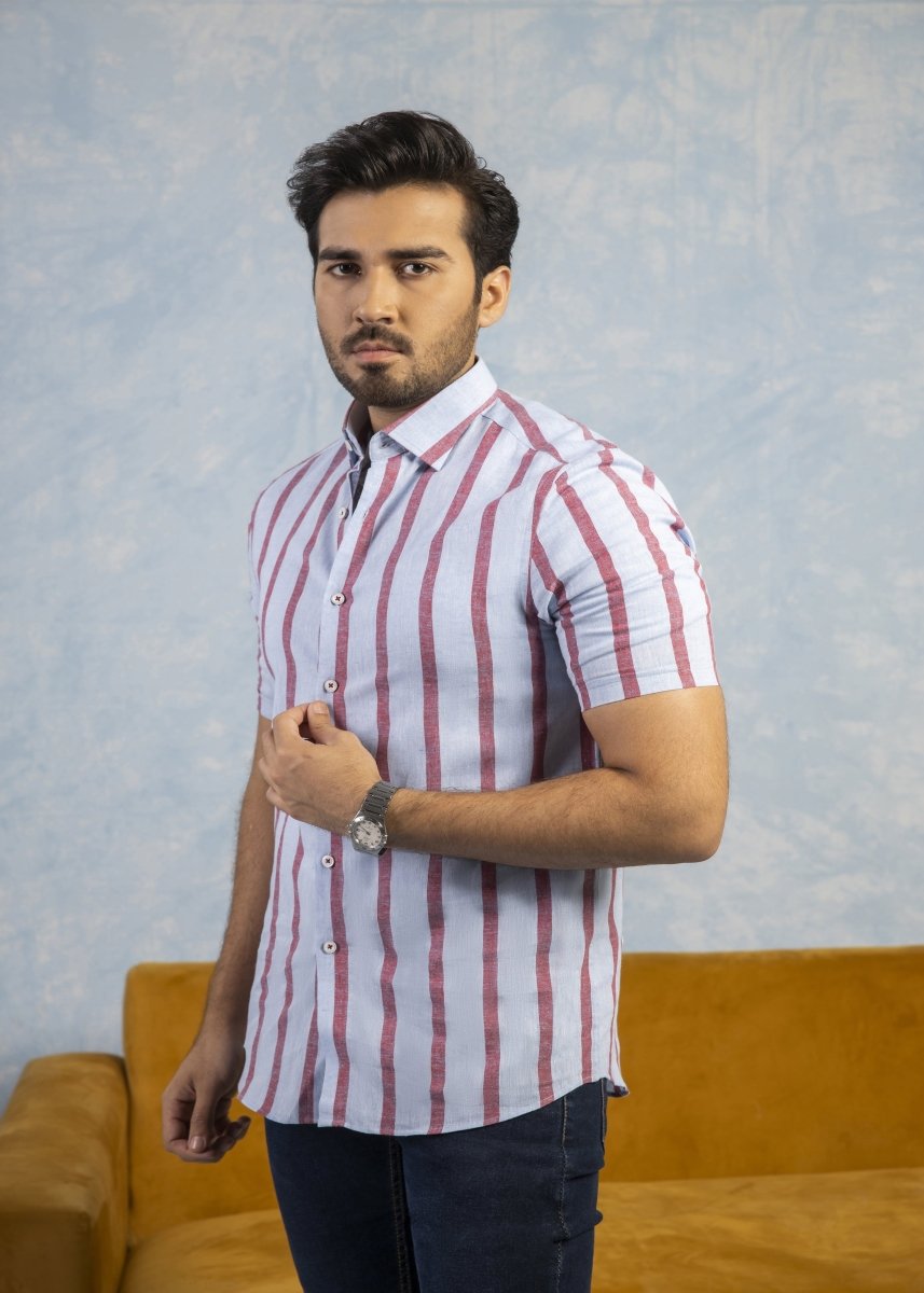 Crimson Linen Stripe Summer Shirt - Cotidie