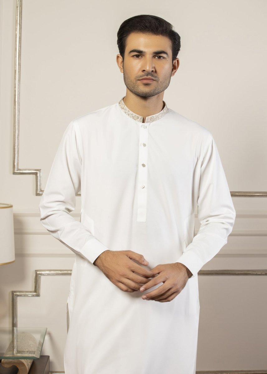 Hand Embroidered White Kameez Shalwar - Cotidie