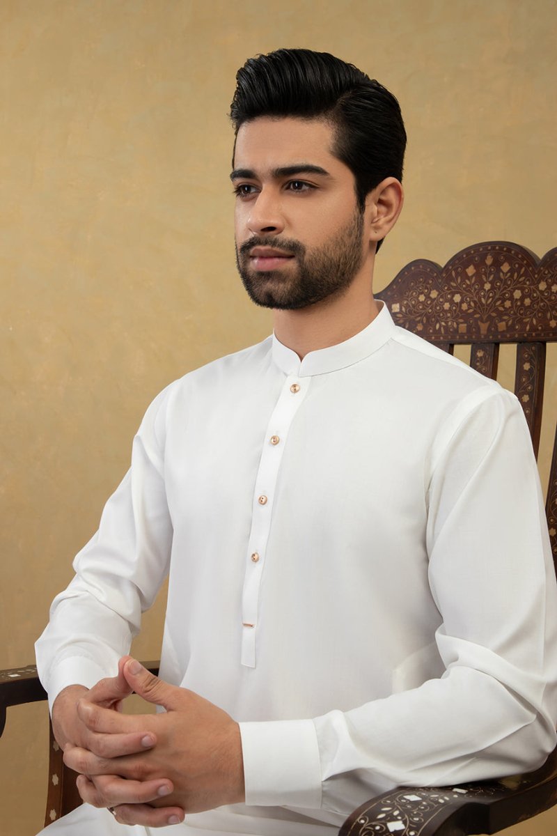 Off White Classic Sherwani Collar Kameez Shalwaar - Cotidie