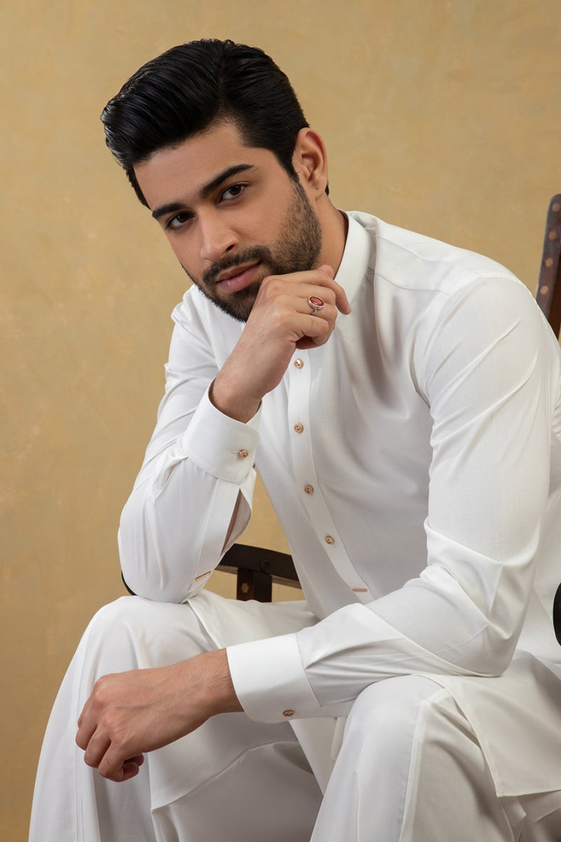 Off White Classic Sherwani Collar Kameez Shalwaar - Cotidie