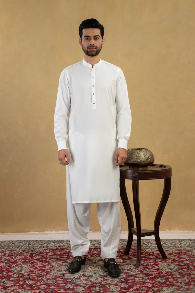 Off White Classic Sherwani Collar Kameez Shalwaar - Cotidie