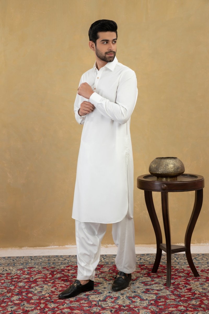 Off White Classic Shirt Collar Kameez Shalwaar - Cotidie